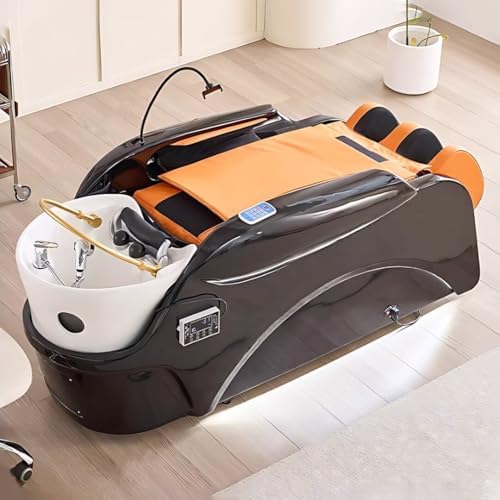 Salon Shampoo Bed-Electric Massage Table with Black Orange Luxury Design, Head Spa Equipment&Beauty Bed Includes Back Heating Massage, Water Cycle, Cell Phone Holder(76.77IN)