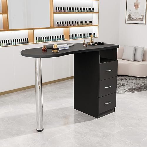 mefeir Manicure Table Nail Desk with 3 Drawers & Arm Rest Cushion for Nail Tech, Beauty Spa Salon Home Wooden Technician Workstation Nail Art Equipment (Black)