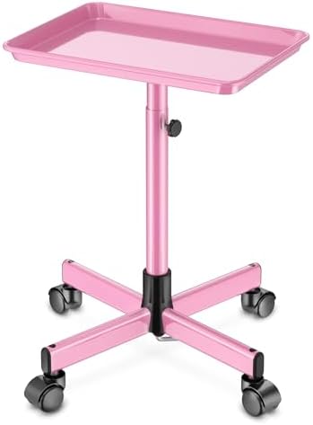 Salon Tray on Wheels - Premium Aluminum Tattoo Tray Rolling Trolley - Adjustable Salon Service Rolling Tray Hairdresser Cart with Clinic Spa Rolling Tray Wheels (Pink)