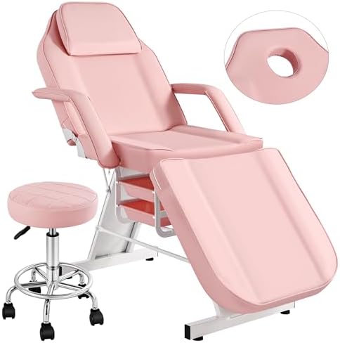 Tattoo Facial Chair for Client, Adjustable Pink Facial Beds for Esthetician Lash Massage Table with Rolling Stool, Professional Leather Spa Artist Chair Beauty Treatment Salon Equipment, Pink