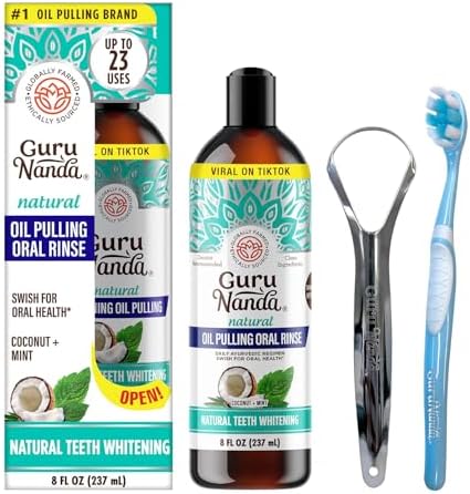GuruNanda Coconut Oil Pulling, Fresh Breath & Whitening Mouthwash, 7 Essential Oils & Vitamins for Happy Teeth & Gums, Alcohol-Free, 8 oz