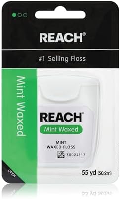 REACH Waxed Dental Floss, Mint, Plaque Remover for Teeth, Shred Resistant, Floss Slides Smoothly, Easy to Use, Waxed, Deep Cleaning Teeth, Oral Care, PFAS Free, for Adults & Kids, 1 Pack, 55 yd