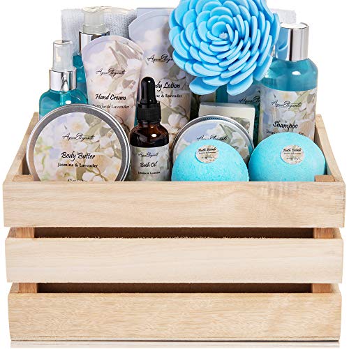 Bath Spa Gift Sets - Luxury Basket With Jasmine & Lavender - Spa Kit Includes Wash, Bubble Bath, Lotion, Bath Salts, Body Scrub, Body Spray, Shower Puff, Bathbombs, Soap and Towel