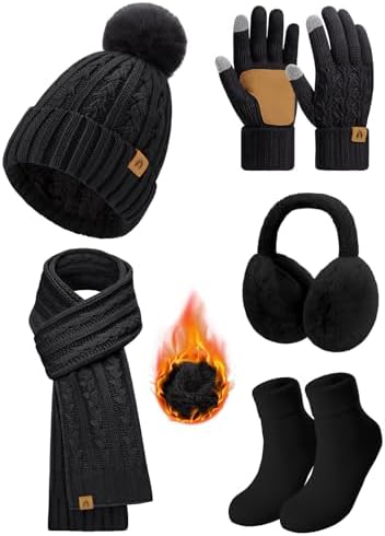Women Winter 5PCS Beanie Hat Scarf Touch Screen Gloves Ear Muffs Socks 5 in 1 Set Thick Faux Fur Warm Cap for Cold Weather