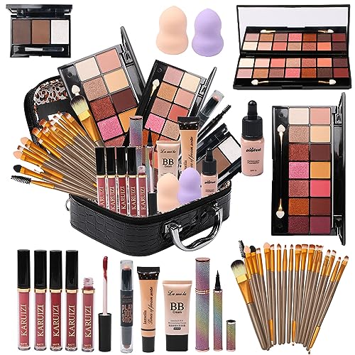 All in One Makeup Kit for Makeup storage bag 2X14 Colors Eyeshadow Palette Liquid Foundation Eyeliner Pencils Contouring Stick Lip Gloss Eyebrow Pencils 20Pcs Makeup Brushes etc For Women Girls Teens 