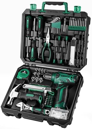 DEKOPRO Drill Set: Tool Set with 8V Green Cordless Drill, Home Tool Kit with Drill, Hand Tool Kits for Women 126 Piece