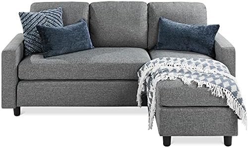 Best Choice Products Upholstered Sectional Sofa for Home, Apartment, Dorm, Bonus Room, Compact Spaces w/Chaise Lounge, 3-Seat, L-Shape Design, Reversible Ottoman Bench, 680lb Capacity - Gray
