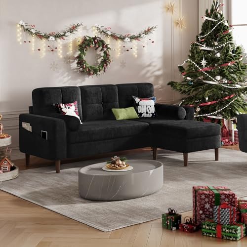 DWVO 78" Sofa Couch, Comfy Upholstered Sectional Sofa with Removable Ottoman, Cat-Scratch-Proof Fabric Sofa for Living Room Apartment Office, L-Shaped Sofa with Round Pillows, Easy Assembly, Black
