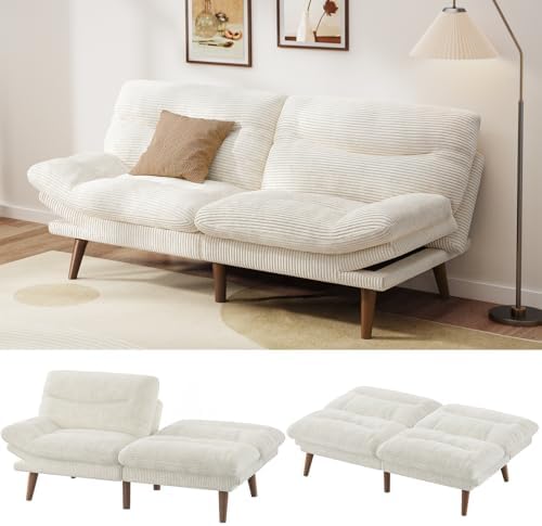 Pipishell Convertible Futon Sofa Couch, Corduroy Futon with Adjustable Backrest and Armrests, Futon Sofa Bed for Small Apartments, Living Room or Office(White)
