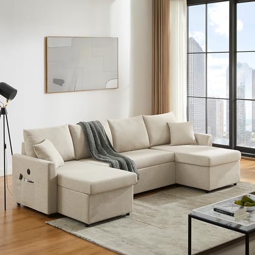 U Shaped Convertible Sleeper Sofa Bed, 108" Sectional Couch for Living Room - Dual USB-C Charging, Pull Out Bed, Reversible Chaise with Storage & Pockets, Removable & Washable Beige Covers