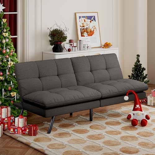 Convertible Futon Sofa Bed,Memory Foam Linen Fabric Futon Couch,Adjustable Backrest,Detachable Cushion,Folding Futon Loveseat Sleeper for for Living Room,RV,Office,Apartment,Dark Grey
