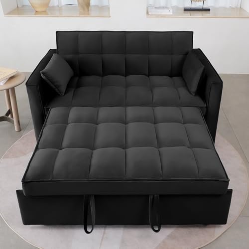 3-in-1 Pull Out Couch, 55.3'' Convertible Futon Sofa Bed, Velvet Sleeper Loveseat with Pillows, Pockets, Small Sofa Cama for Living Room, Apartment, Black
