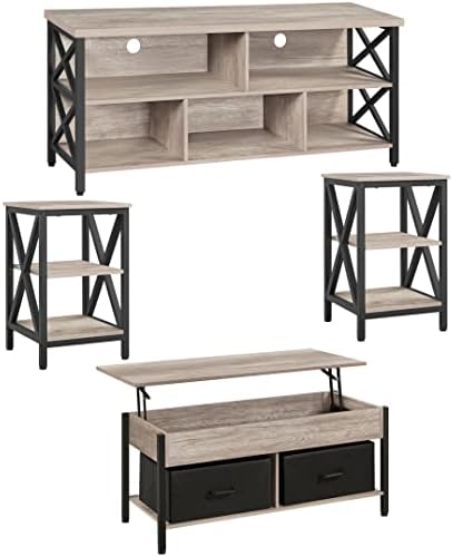 Yaheetech 4 Pieces Living Room Table Sets - Includes TV Stand with Storage for 65 in TV, Lift-top Coffee Table with Baskets, 2 Set End Side Table for Home, Gray