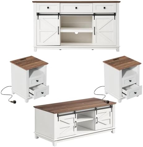 4 Pieces Farmhouse Living Room Table Sets - Includes 59" Sliding Barn Door TV Stand for 65 in TV, End Table Set of 2 with Charging Station, Rustic Coffee Table with Storage, White + Barnwood