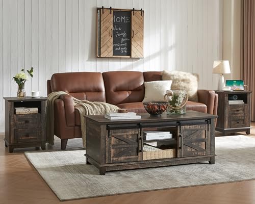 AMERLIFE 3-Piece Farmhouse Living Room Table Set - Coffee Table with Sliding Barn Doors & End Table Set of 2 with Charging Station and Storage Drawers, Oak Black