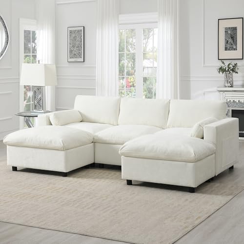 Merax 86.5" Sectional Sofa with Storage Pockets & Removable Ottomans, Cream 5 Seat U Shaped Sleeper Cloud Couch Set, Convertible L-Shaped Upholstered SofaBed for Living Room and Apartment, White