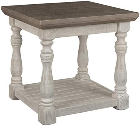 Signature Design by Ashley Havalance Farmhouse Square End Table with Floor Shelf, Vintage Gray & White with Weathered Finish