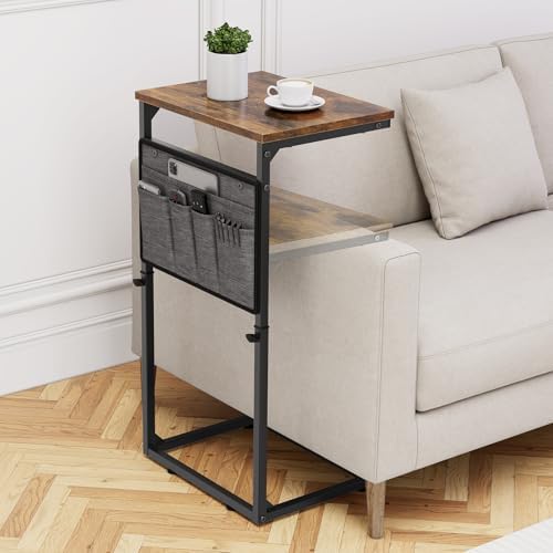 Vagusicc C Shaped End Table, 33'' Tall Side Table for Couch, Adjustable Height Small Couch Side Table for Small Spaces, End Table Slide Under Sofa Table TV Tray with Metal Frame for Living Room, Brown