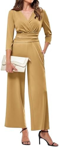 JASAMBAC 3/4 Length Sleeve Women's Jumpsuits Dressy Casual Wrap V Neck Empire Waist Romper Flowy Pants Outfits Overalls