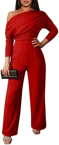 YMDUCH Women's Fall Elegant Long Sleeve Off Shoulder Wide Leg Long Pant Jumpsuits