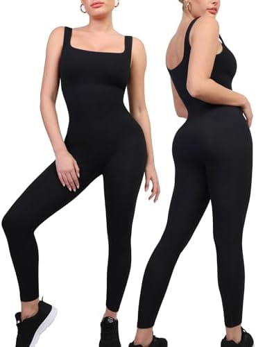 Popilush Jumpsuits for Women Built-In Bra Square Neck Ribbed Bodycon Workout Seamless Leggings Rompers Bodysuits