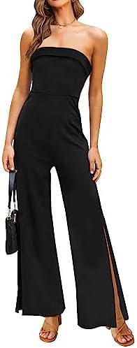 ZESICA Women's 2024 Strapless Jumpsuit Casual Off Shoulder High Waist Wide Leg Side Slit Long Romper Playsuits with Pockets