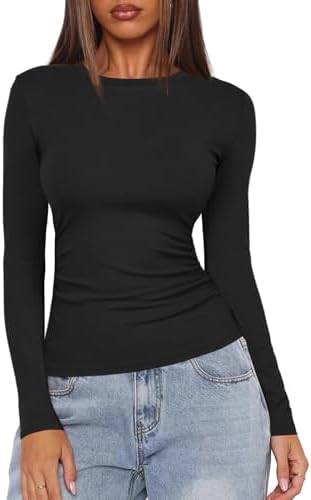 Darong Women's Long Sleeve Crew Neck Shirts Fall Basic Casual Ruched Side Slim Fit T Shirts Tee Tops