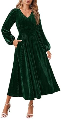 ZESICA Women's Velvet Midi Dress Casual V Neck Long Sleeve Solid Color Elastic High Waist Flowy Evening Party Dresses