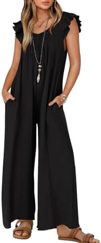 ZESICA Women's 2024 Summer Loose Jumpsuit Casual V Neck Sleeveless Oversized Wide Leg Pant Overalls Romper with Pockets