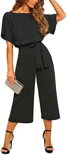 CHARTOU Women's Short Sleeve Bow Tie Wide Leg Cropped Capri Romper Palazzo Pants Jumpsuit