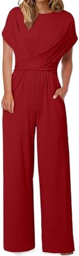 Happy Sailed Women Jumpsuits Dressy Short Sleeve Front Crisscross Tie Waist Belted Wide Leg Pant Romper with Pockets