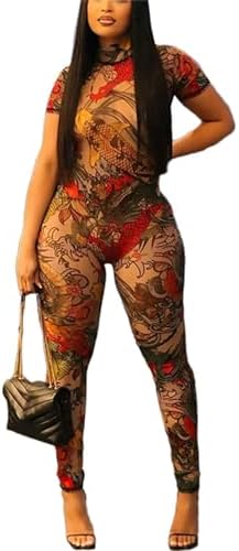ksotutm Sexy Jumpsuits for Women Mesh Print Short Sleeve Bodycon Jumpsuit