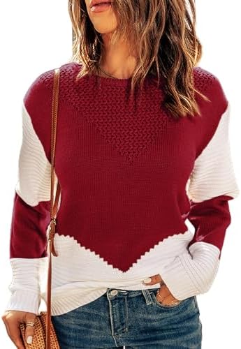Dokotoo Womens Crochet Crewneck Long Sleeve Pullovers Color Block Tunic Ribbed Sweaters Jumper Tops