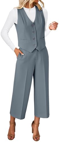 luvamia Pant Suits for Women Dressy Casual 2 Piece Sets Sleeveless Blazer Vest with Wide Leg Capri Pants Work Outfit