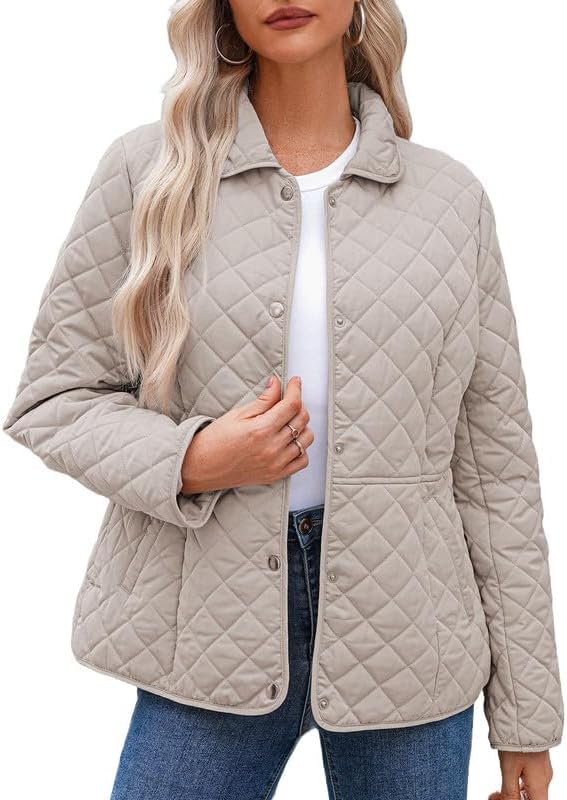 Dokotoo Women's Winter Quilted Jackets Long Sleeve Button Down Diamond Puffer Jacket Outerwear Coats with Pockets