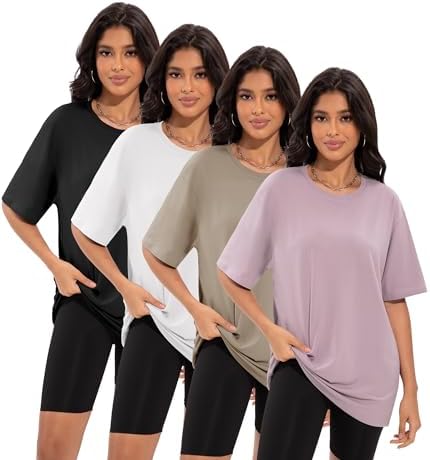 4 Pack Oversized Tshirts for Women, Loose Fit Crew Neck Summer Baggy Tops Workout Tees Plus Size T Shirts