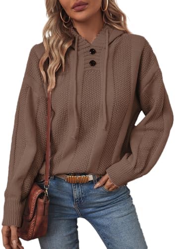 AirPlace Fall Sweaters for Women 2024 Hoodie Long Sleeves Crochet Sweaters Ribbed Cuffs Hooded Loose Sweatshirt Knit T Shirt