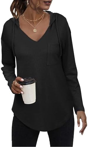 WNEEDU Hoodies for Women Waffle Knit Tunic Tops Casual Long Sleeve Shirts Drawstring V Neck Pullover Sweatshirts