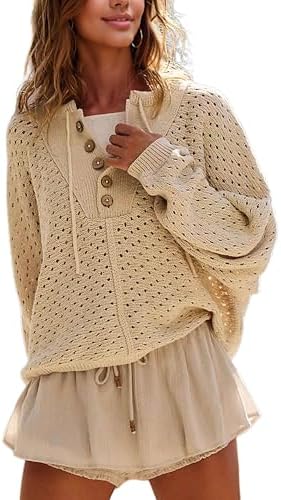 Hoodies for Women Oversized Knit Sweatshirt Long Sleeve Button Drawstring V Neck Pullover Sweaters