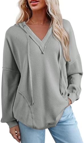 AlvaQ Women Hoodies Oversized Sweatshirts Casual Long Sleeve V Neck Drawstring Waffle Knit Tops Fashion Outfits