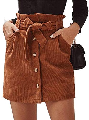 Susupeng Women Paperbag High Waist Elastic Belted Corduroy Button Front with Pockets Short Mini Skirt