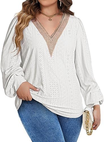 Eytino Womens Plus Size Tops Lantern Long Sleeve Lace V Neck Dressy Casual Blouse Loose Tunic Shirts(1X-5X)