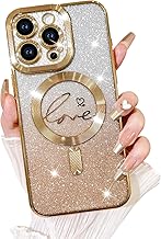 Fiyart Compatible with iPhone 14 Pro Case,Compatible with MagSafe Love Heart Plating Camera Protection Clear Phone Case, Magnetic Glitter for Women Girls Shockproof Back Bumper 6.1"-Gold