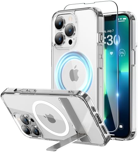 Magnetic Case for iPhone 13 Pro Case 6.1-Inch, Slim Kickstand with Screen Protector Compatible with Magsafe Shockproof Crystal Clear Cases Phone Case Cover, Clear