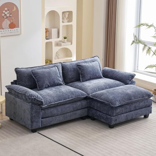 Sectional Sofa Comfy Cloud Couch for Living Room with Pillows, Modern Chenille Sofa Sleeper Deep Couches with Ottoman (Blue, 3-Seat)