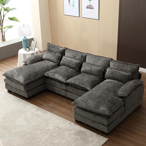 GNIXUU 110" Sectional Sofa Cloud Couch for Living Room, Modern Chenille U Shaped Couch, Comfy Modular Sofa Sleeper with Double Chaise & Memory Foam(Gray)