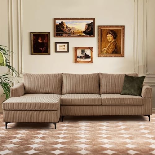 96" Corduroy Sectional Sofa Couches for Living Room,Camel L Shaped Sofa Couch with Reversible Chaise,Comfy 3 Seat Reversible Sofa for Bedroom Office Apartment Convertible Couch (Camel)