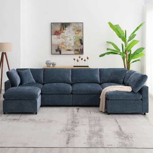 Cloud Modular Sectional Sofa, Convertible U-Shaped Sofa, 130 "Comfortable Sleeper Sofa, 6 Seater Chenille sectional Sofa Set with Ottoman, Suitable for Living Room Office Apartment (Dark Blue)