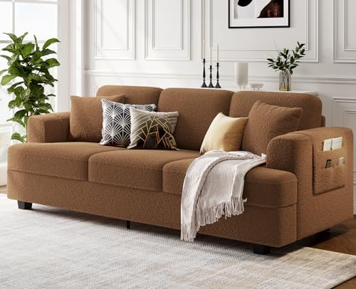 KKL Deep Seat Sofa 89" with Throw Pillow, Modern Sofa, Couches for Living Room, Comfy Sofa, Sleeper Couch, Bouclé, Brown