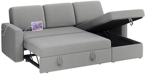 Yaheetech Sectional Sofa L-Shaped Sofa Couch Bed w/Chaise & USB, Reversible Couch Sleeper w/Pull Out Bed & Storage Space, 4-seat Fabric Convertible Sofa, Pull Out Couch Light Gray